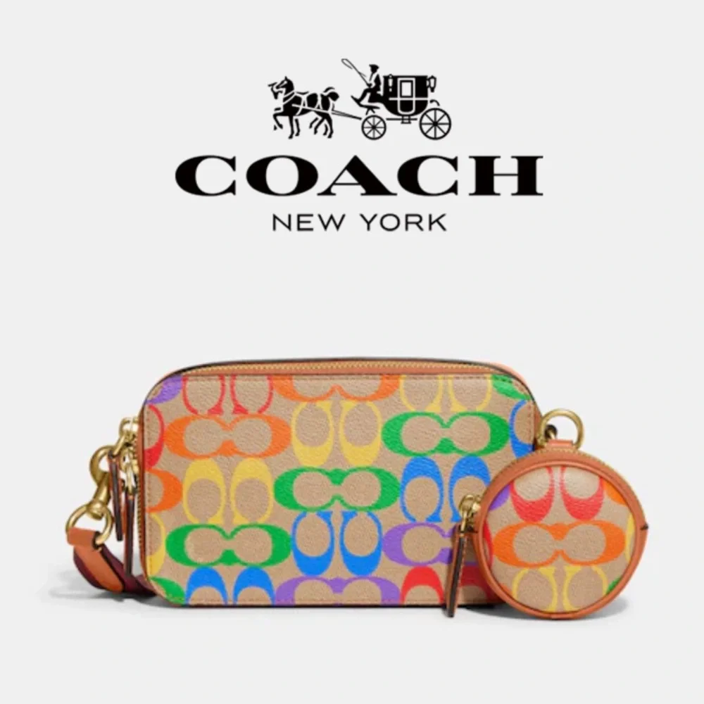 Coach Charter Slim Crossbody Rainbow Signature Canvas Leather Coin Purse Wallet